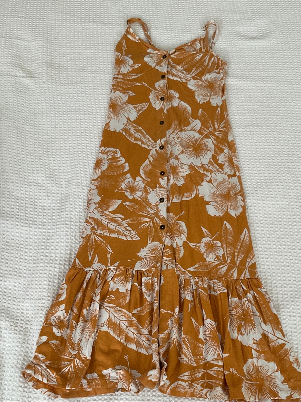 Roxy Mustard & White Tropical Button-Front Midi Dress